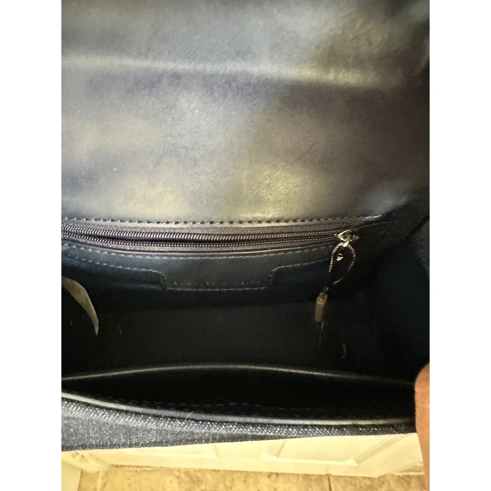 Charles & Keith Denim Crossbody Bag Dark Wash Frayed Fringe Faux Leather Trim